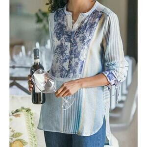 Soft Surroundings Blue Striped Floral Top LS Tunic Henley Linen Blend Tunic